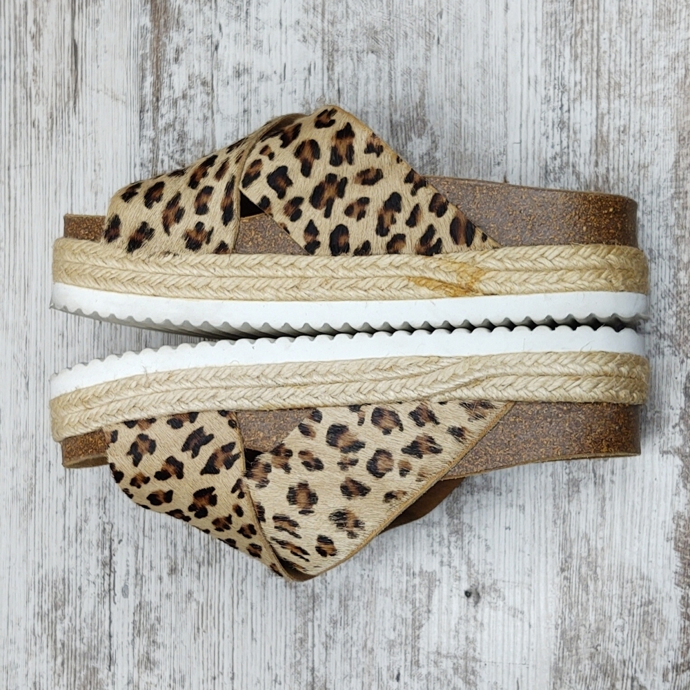 Like New Office Girl Leopard Calf Hair Flatform Espadrille Slide Sandal - Picture 12 of 16